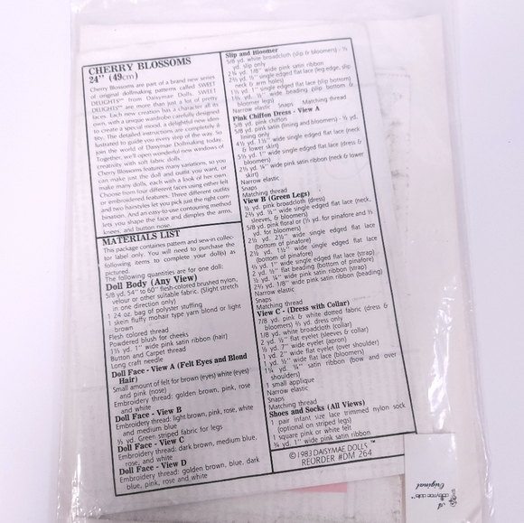VTG 1983 Daisymae Dolls Cherry Blossoms Original Doll Clothes Pattern NOS - Picture 5 of 8